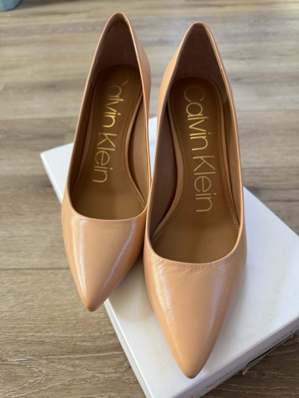 Calvin Klein nude Leather Pointed-Toe Pumps